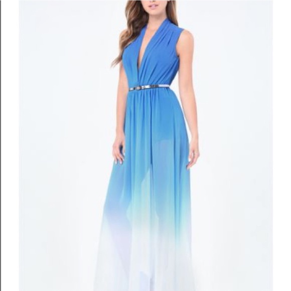 BeBe Blue Ombre Maxi Dress / Romper + Built In Shorts Maxi Sheer Deep V Neck - Picture 1 of 17